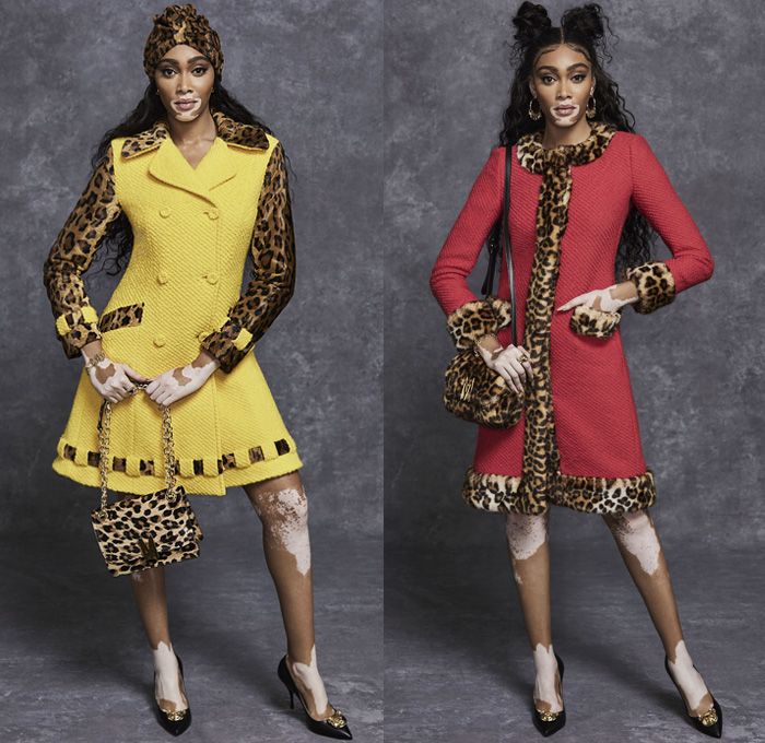 Moschino 2021 Pre-Fall Autumn Womens Lookbook Presentation - Frankensteined Deconstructed Hybrid Patchwork Split Half Leopard Giraffe Spots Shirtdress Big Bows Ribbons Denim Jeans Motorcycle Biker Leather Bomber Studs Blouse Ruffles Tweed Coat Zipper Teddy Bear Plush Eyes Crop Top Midriff Prison Stripes Poufy Puff One Shoulder Sheer Tulle Silk Satin Gown Sequins Blazerdress Sweats Tights Stockings Shorts Miniskirt Jacket Bag Canister Handbag Fanny Pack Officer Hat Thigh High Boots