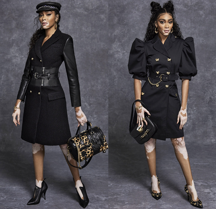 Moschino 2021 Pre-Fall Autumn Womens Lookbook Presentation - Frankensteined Deconstructed Hybrid Patchwork Split Half Leopard Giraffe Spots Shirtdress Big Bows Ribbons Denim Jeans Motorcycle Biker Leather Bomber Studs Blouse Ruffles Tweed Coat Zipper Teddy Bear Plush Eyes Crop Top Midriff Prison Stripes Poufy Puff One Shoulder Sheer Tulle Silk Satin Gown Sequins Blazerdress Sweats Tights Stockings Shorts Miniskirt Jacket Bag Canister Handbag Fanny Pack Officer Hat Thigh High Boots