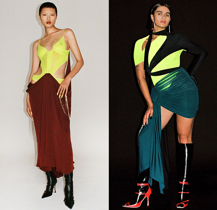 Mugler 2021-2022 Fall Autumn Winter Womens Lookbook Presentation - Deconstructed Tied Wrap Gold Strings Sheer Tulle Cutout Draped Ruffles Body Contour Arm Warmers Asymmetrical Lingerie Intimates Noodle Strap Miniskirt Leggings Tights Denim Jeans Patchwork Corset Bustier Glow-in-the-Dark Crop Top Midriff Leather Turtleneck Stars Liquefy Party Cocktail Dress Boxy Frankenstein Shoulders Blazer Jacket Slouchy Pants Trench Coat Cape Boot Heels