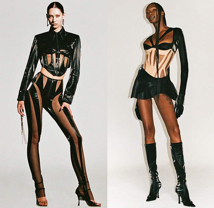 Mugler 2021-2022 Fall Autumn Winter Womens Lookbook Presentation - Deconstructed Tied Wrap Gold Strings Sheer Tulle Cutout Draped Ruffles Body Contour Arm Warmers Asymmetrical Lingerie Intimates Noodle Strap Miniskirt Leggings Tights Denim Jeans Patchwork Corset Bustier Glow-in-the-Dark Crop Top Midriff Leather Turtleneck Stars Liquefy Party Cocktail Dress Boxy Frankenstein Shoulders Blazer Jacket Slouchy Pants Trench Coat Cape Boot Heels