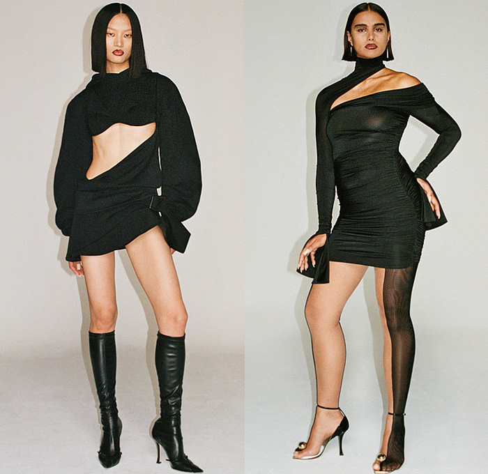 Mugler 2021-2022 Fall Autumn Winter Womens Lookbook Presentation - Deconstructed Tied Wrap Gold Strings Sheer Tulle Cutout Draped Ruffles Body Contour Arm Warmers Asymmetrical Lingerie Intimates Noodle Strap Miniskirt Leggings Tights Denim Jeans Patchwork Corset Bustier Glow-in-the-Dark Crop Top Midriff Leather Turtleneck Stars Liquefy Party Cocktail Dress Boxy Frankenstein Shoulders Blazer Jacket Slouchy Pants Trench Coat Cape Boot Heels