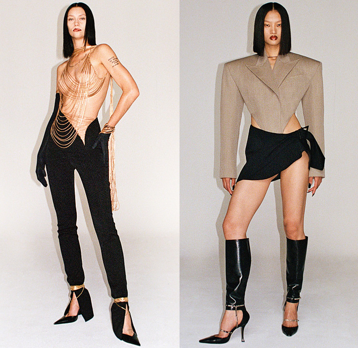 Mugler 2021-2022 Fall Autumn Winter Womens Lookbook Presentation - Deconstructed Tied Wrap Gold Strings Sheer Tulle Cutout Draped Ruffles Body Contour Arm Warmers Asymmetrical Lingerie Intimates Noodle Strap Miniskirt Leggings Tights Denim Jeans Patchwork Corset Bustier Glow-in-the-Dark Crop Top Midriff Leather Turtleneck Stars Liquefy Party Cocktail Dress Boxy Frankenstein Shoulders Blazer Jacket Slouchy Pants Trench Coat Cape Boot Heels