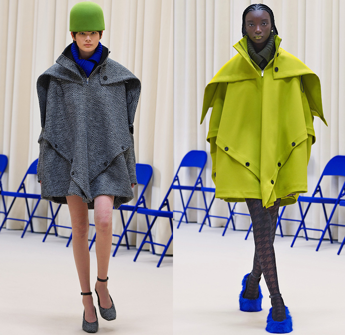 Nina Ricci 2021-2022 Fall Autumn Winter Womens Runway Catwalk Looks - Paris Fashion Week Femme PFW - 1960s Sixties Mod Bucket Pot Vase Felt Hat Turtleneck Knit Sweater Perfume Bottle Necklace Cape Oversleeve Herringbone Houndstooth Check Big Buttons Hoodie Coat Parka Windbreaker Quilted Puffer Cargo Pockets Shawl Wide Lapel Nylon Translucent Sleeveless Tabard Tights Leggings Midi Skirt Bubble Tucked Hem Furry Shoes