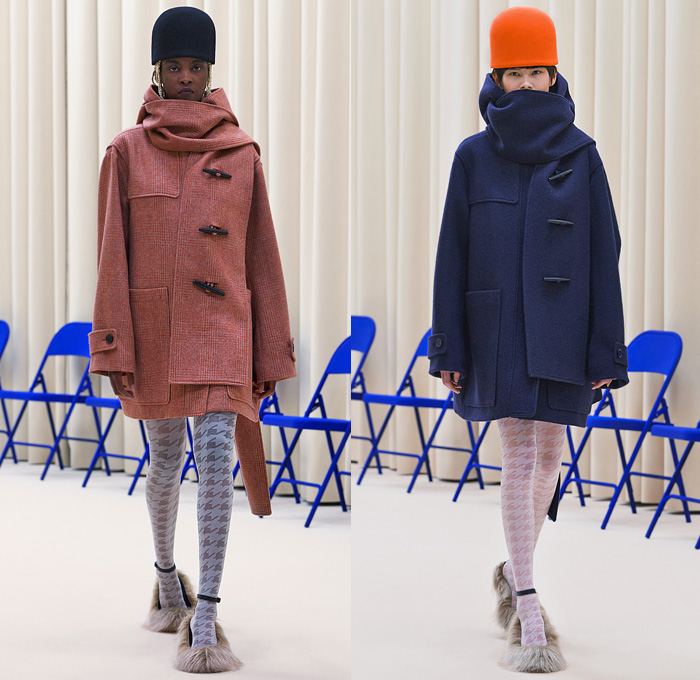 Nina Ricci 2021-2022 Fall Autumn Winter Womens Runway Catwalk Looks - Paris Fashion Week Femme PFW - 1960s Sixties Mod Bucket Pot Vase Felt Hat Turtleneck Knit Sweater Perfume Bottle Necklace Cape Oversleeve Herringbone Houndstooth Check Big Buttons Hoodie Coat Parka Windbreaker Quilted Puffer Cargo Pockets Shawl Wide Lapel Nylon Translucent Sleeveless Tabard Tights Leggings Midi Skirt Bubble Tucked Hem Furry Shoes