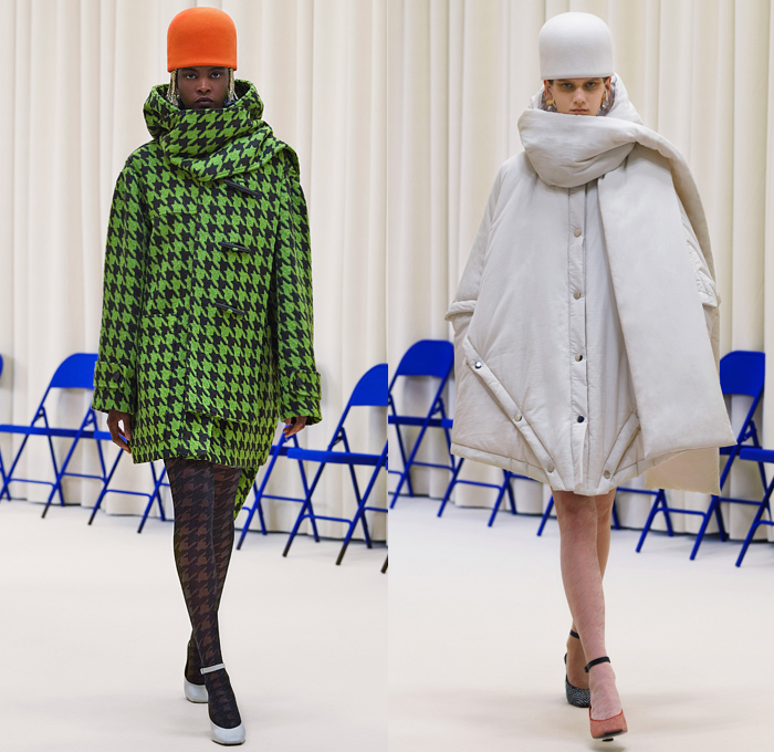 Nina Ricci 2021-2022 Fall Autumn Winter Womens Runway Catwalk Looks - Paris Fashion Week Femme PFW - 1960s Sixties Mod Bucket Pot Vase Felt Hat Turtleneck Knit Sweater Perfume Bottle Necklace Cape Oversleeve Herringbone Houndstooth Check Big Buttons Hoodie Coat Parka Windbreaker Quilted Puffer Cargo Pockets Shawl Wide Lapel Nylon Translucent Sleeveless Tabard Tights Leggings Midi Skirt Bubble Tucked Hem Furry Shoes