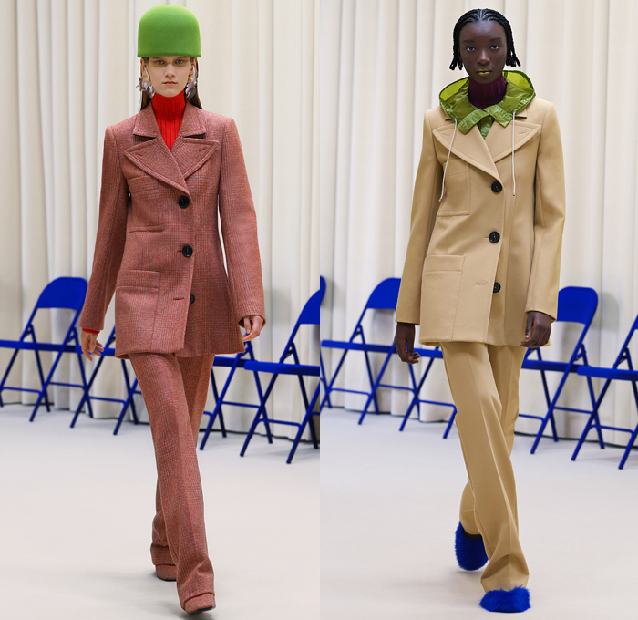 Nina Ricci 2021-2022 Fall Autumn Winter Womens Runway Catwalk Looks - Paris Fashion Week Femme PFW - 1960s Sixties Mod Bucket Pot Vase Felt Hat Turtleneck Knit Sweater Perfume Bottle Necklace Cape Oversleeve Herringbone Houndstooth Check Big Buttons Hoodie Coat Parka Windbreaker Quilted Puffer Cargo Pockets Shawl Wide Lapel Nylon Translucent Sleeveless Tabard Tights Leggings Midi Skirt Bubble Tucked Hem Furry Shoes