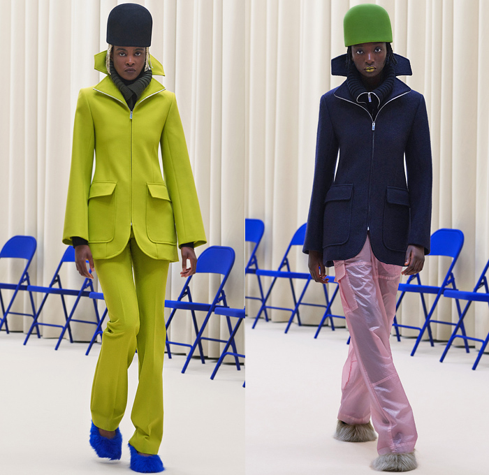 Nina Ricci 2021-2022 Fall Autumn Winter Womens Runway Catwalk Looks - Paris Fashion Week Femme PFW - 1960s Sixties Mod Bucket Pot Vase Felt Hat Turtleneck Knit Sweater Perfume Bottle Necklace Cape Oversleeve Herringbone Houndstooth Check Big Buttons Hoodie Coat Parka Windbreaker Quilted Puffer Cargo Pockets Shawl Wide Lapel Nylon Translucent Sleeveless Tabard Tights Leggings Midi Skirt Bubble Tucked Hem Furry Shoes