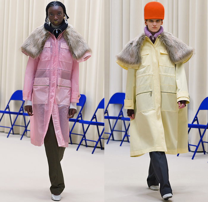 Nina Ricci 2021-2022 Fall Autumn Winter Womens Runway Catwalk Looks - Paris Fashion Week Femme PFW - 1960s Sixties Mod Bucket Pot Vase Felt Hat Turtleneck Knit Sweater Perfume Bottle Necklace Cape Oversleeve Herringbone Houndstooth Check Big Buttons Hoodie Coat Parka Windbreaker Quilted Puffer Cargo Pockets Shawl Wide Lapel Nylon Translucent Sleeveless Tabard Tights Leggings Midi Skirt Bubble Tucked Hem Furry Shoes