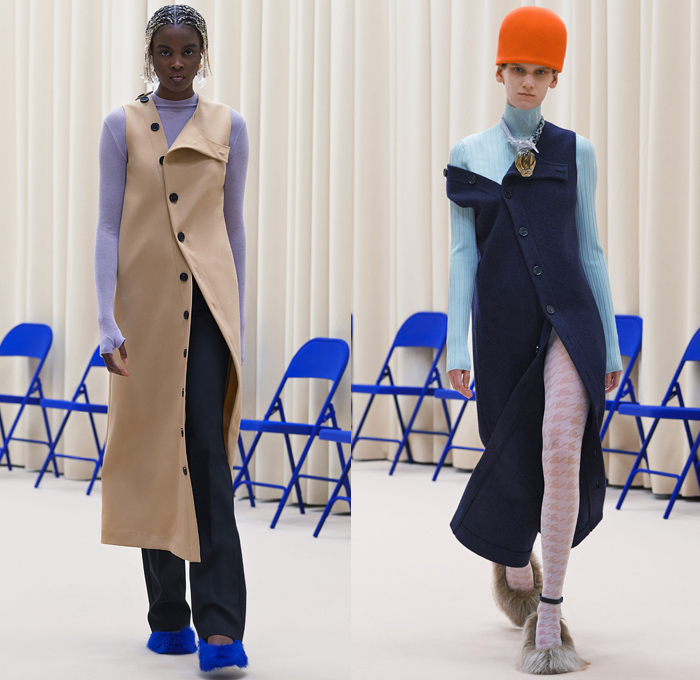 Nina Ricci 2021-2022 Fall Autumn Winter Womens Runway Catwalk Looks - Paris Fashion Week Femme PFW - 1960s Sixties Mod Bucket Pot Vase Felt Hat Turtleneck Knit Sweater Perfume Bottle Necklace Cape Oversleeve Herringbone Houndstooth Check Big Buttons Hoodie Coat Parka Windbreaker Quilted Puffer Cargo Pockets Shawl Wide Lapel Nylon Translucent Sleeveless Tabard Tights Leggings Midi Skirt Bubble Tucked Hem Furry Shoes