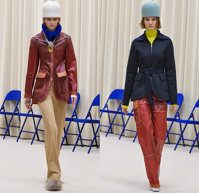 Nina Ricci 2021-2022 Fall Autumn Winter Womens Runway Catwalk Looks - Paris Fashion Week Femme PFW - 1960s Sixties Mod Bucket Pot Vase Felt Hat Turtleneck Knit Sweater Perfume Bottle Necklace Cape Oversleeve Herringbone Houndstooth Check Big Buttons Hoodie Coat Parka Windbreaker Quilted Puffer Cargo Pockets Shawl Wide Lapel Nylon Translucent Sleeveless Tabard Tights Leggings Midi Skirt Bubble Tucked Hem Furry Shoes