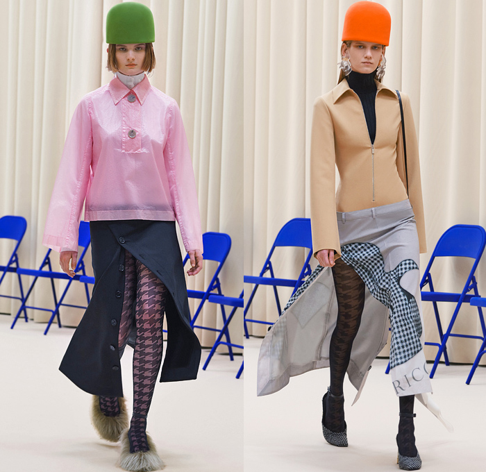 Nina Ricci 2021-2022 Fall Autumn Winter Womens Runway Catwalk Looks - Paris Fashion Week Femme PFW - 1960s Sixties Mod Bucket Pot Vase Felt Hat Turtleneck Knit Sweater Perfume Bottle Necklace Cape Oversleeve Herringbone Houndstooth Check Big Buttons Hoodie Coat Parka Windbreaker Quilted Puffer Cargo Pockets Shawl Wide Lapel Nylon Translucent Sleeveless Tabard Tights Leggings Midi Skirt Bubble Tucked Hem Furry Shoes