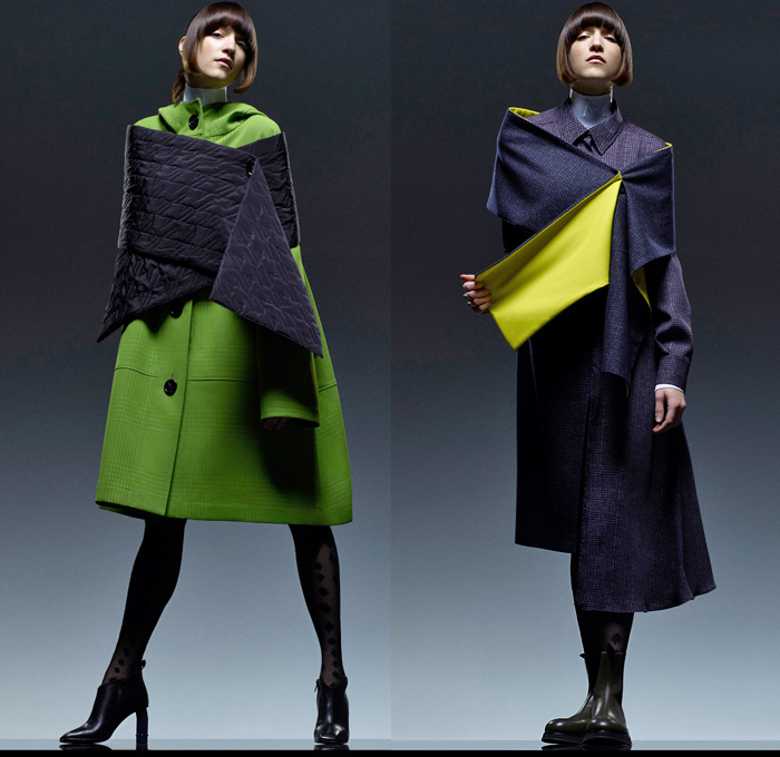 Nina Ricci 2021 Pre-Fall Autumn Womens Lookbook Presentation - Felt Cloche Hat Color Panels Patchwork Pantsuit Suit Blazer Double Breasted Houndstooth Check Wide Leg Palazzo Pants Birds Tights Stockings Wool Knit Turtleneck Sweater Skirt Trench Coat Poncho Quilted Puffer Wrap Shawl Shirtdress Sleeveless Shift Dress Boots