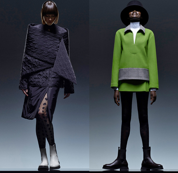 Nina Ricci 2021 Pre-Fall Autumn Womens Lookbook Presentation - Felt Cloche Hat Color Panels Patchwork Pantsuit Suit Blazer Double Breasted Houndstooth Check Wide Leg Palazzo Pants Birds Tights Stockings Wool Knit Turtleneck Sweater Skirt Trench Coat Poncho Quilted Puffer Wrap Shawl Shirtdress Sleeveless Shift Dress Boots