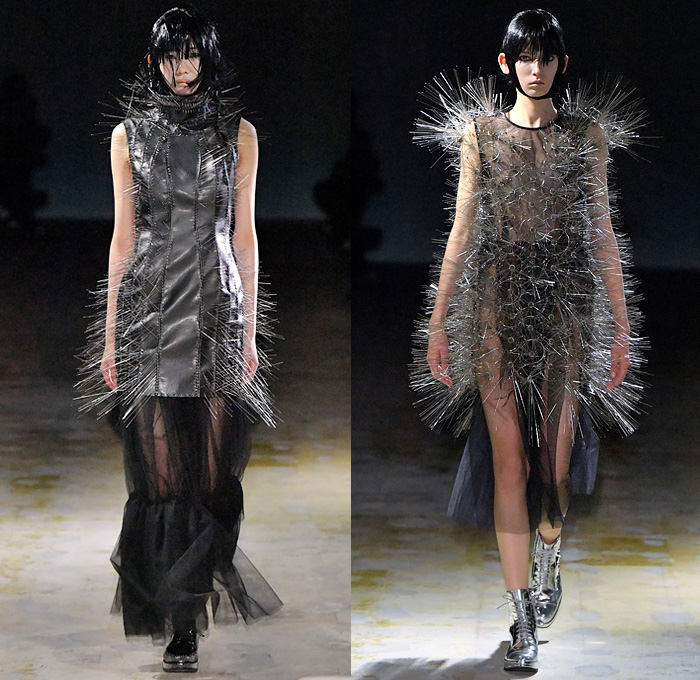 Noir Kei Ninomiya 2021-2022 Fall Autumn Winter Womens Runway Catwalk Looks - Rakuten Fashion Week Tokyo Japan - Metal Couture Trompe L'oeil Adorned Spikes Thorns Wires Rods Cactus Steel Sponge Cage Sculpture Cocoon Tiered Frills Ruffles Swirls Puff Ball Mesh Foil Polka Dots Knit Weave Sweater Tied Knot Bows Ribbons Coat Side Sleeves Leather Motorcycle Biker Jacket Dress Gown Sheer Tulle Tutu Skirt Church's Mary Jane Shoes Boots