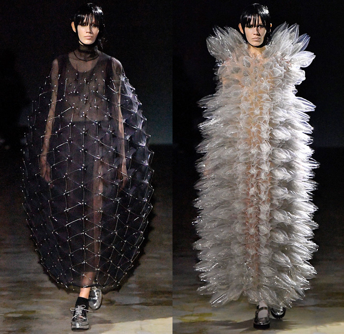 Noir Kei Ninomiya 2021-2022 Fall Autumn Winter Womens Runway Catwalk Looks - Rakuten Fashion Week Tokyo Japan - Metal Couture Trompe L'oeil Adorned Spikes Thorns Wires Rods Cactus Steel Sponge Cage Sculpture Cocoon Tiered Frills Ruffles Swirls Puff Ball Mesh Foil Polka Dots Knit Weave Sweater Tied Knot Bows Ribbons Coat Side Sleeves Leather Motorcycle Biker Jacket Dress Gown Sheer Tulle Tutu Skirt Church's Mary Jane Shoes Boots