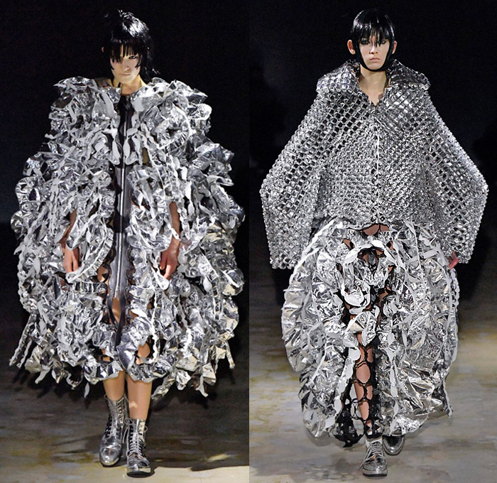 Noir Kei Ninomiya 2021-2022 Fall Autumn Winter Womens Runway Catwalk Looks - Rakuten Fashion Week Tokyo Japan - Metal Couture Trompe L'oeil Adorned Spikes Thorns Wires Rods Cactus Steel Sponge Cage Sculpture Cocoon Tiered Frills Ruffles Swirls Puff Ball Mesh Foil Polka Dots Knit Weave Sweater Tied Knot Bows Ribbons Coat Side Sleeves Leather Motorcycle Biker Jacket Dress Gown Sheer Tulle Tutu Skirt Church's Mary Jane Shoes Boots