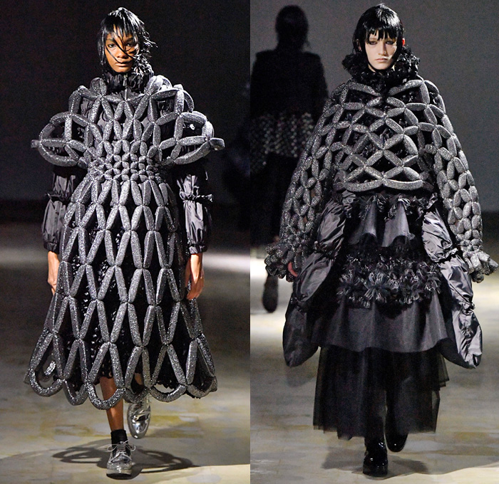 Noir Kei Ninomiya 2021-2022 Fall Autumn Winter Womens Runway Catwalk Looks - Rakuten Fashion Week Tokyo Japan - Metal Couture Trompe L'oeil Adorned Spikes Thorns Wires Rods Cactus Steel Sponge Cage Sculpture Cocoon Tiered Frills Ruffles Swirls Puff Ball Mesh Foil Polka Dots Knit Weave Sweater Tied Knot Bows Ribbons Coat Side Sleeves Leather Motorcycle Biker Jacket Dress Gown Sheer Tulle Tutu Skirt Church's Mary Jane Shoes Boots