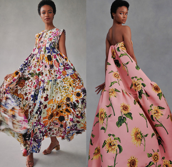 Oscar de la Renta 2021-2022 Fall Autumn Winter Womens Lookbook Presentation - New York Fashion Week NYFW American Collections Calendar - Pressed Sunflowers Daisies Daffodils Flowers Floral Botanical Trompe L'oeil Embroidery Sheer Tulle Minidress Poufy Leg O'Mutton Shoulders Puff Sleeves Blouse Strapless Gown Knit Crochet Weave Mesh Sweater Crystals Lattice Gold Bows Ribbons Tied Halterneck Trench Coat Accordion Pleats Pantsuit Draped Shorts Wide Leg Flare