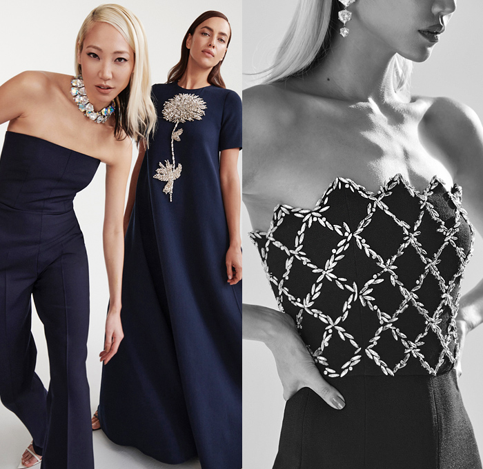 Oscar de la Renta 2021 Pre-Fall Autumn Womens Lookbook Presentation - Bedazzled Embroidery Crystals Jewels Gems Broche Brooch Mini Dress Pineapple Flowers Floral Frayed Raw Hem Shirtdress Strapless Gown Onesie Jumpsuit Coveralls Jagged Zigzag Windowpane Check Grid Knit Crochet Cardigan Shorts Halterneck Straw Hat Wide Leg Palazzo Pants Poufy Shoulders Puff Sleeves Stripes Giant Bow Coat Robe Fringes Draped Sandals