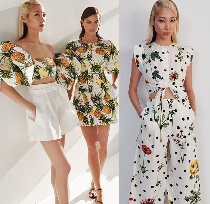 Oscar de la Renta 2021 Pre-Fall Autumn Womens Lookbook Presentation - Bedazzled Embroidery Crystals Jewels Gems Broche Brooch Mini Dress Pineapple Flowers Floral Frayed Raw Hem Shirtdress Strapless Gown Onesie Jumpsuit Coveralls Jagged Zigzag Windowpane Check Grid Knit Crochet Cardigan Shorts Halterneck Straw Hat Wide Leg Palazzo Pants Poufy Shoulders Puff Sleeves Stripes Giant Bow Coat Robe Fringes Draped Sandals