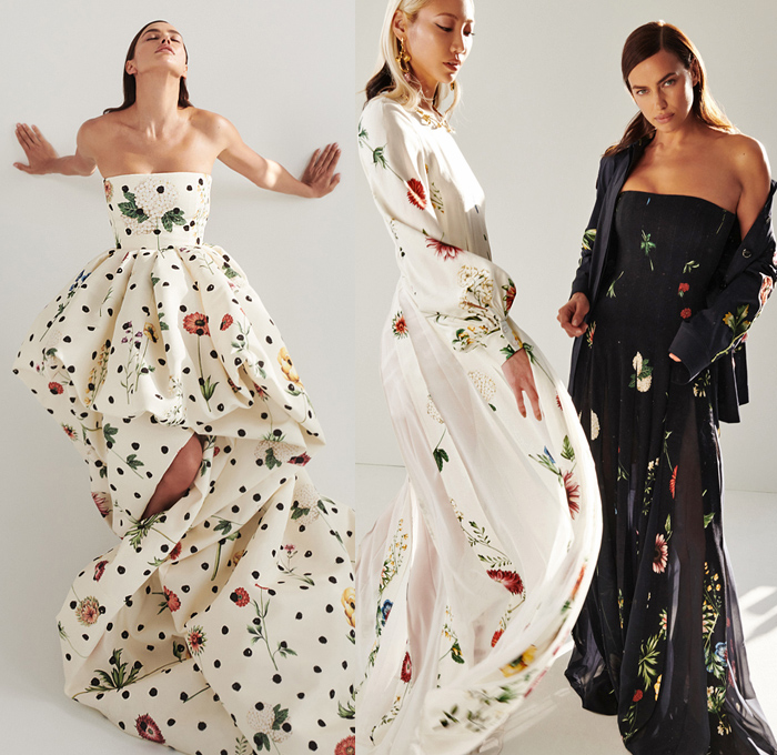 Oscar de la Renta 2021 Pre-Fall Autumn Womens Lookbook Presentation - Bedazzled Embroidery Crystals Jewels Gems Broche Brooch Mini Dress Pineapple Flowers Floral Frayed Raw Hem Shirtdress Strapless Gown Onesie Jumpsuit Coveralls Jagged Zigzag Windowpane Check Grid Knit Crochet Cardigan Shorts Halterneck Straw Hat Wide Leg Palazzo Pants Poufy Shoulders Puff Sleeves Stripes Giant Bow Coat Robe Fringes Draped Sandals