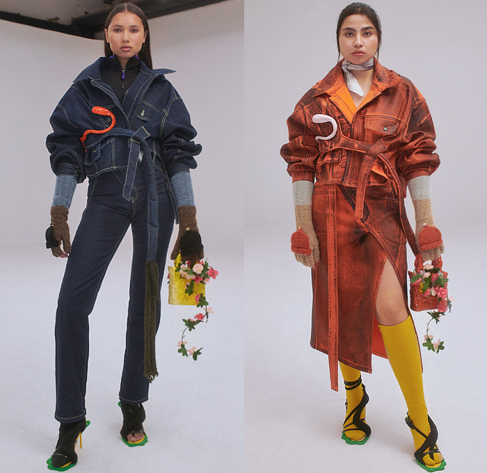 Ottolinger 2021-2022 Fall Autumn Winter Womens Lookbook Presentation - Paris Fashion Week Femme PFW - Straps Strings Denim Jeans Boob Hoop Knit Crochet Sweater Gloves Trackwear Mohair Pleather Vinyl Velvet Laces Quilted Puffer Crop Top Midriff Ombré Skirt Onesie Jumpsuit Unitard Plaid Check Cutout Clown Ruffles Colorblock Vinyl Pleather Scarf Harness Pantsuit Blazer Cinch Dress Gown Flowers Floral Fur Shearling Leather Coat Bean Rubber Bag Tote Flower Heels Moonboots Sunglasses