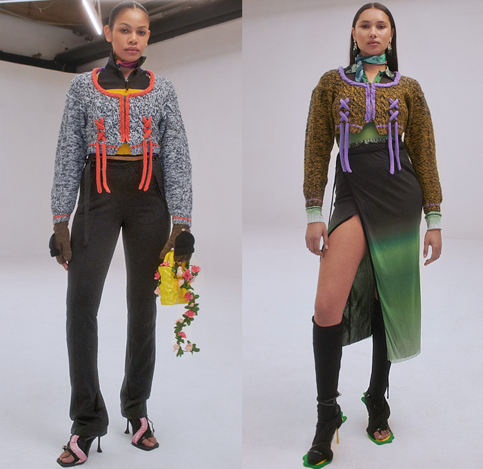 Ottolinger 2021-2022 Fall Autumn Winter Womens Lookbook Presentation - Paris Fashion Week Femme PFW - Straps Strings Denim Jeans Boob Hoop Knit Crochet Sweater Gloves Trackwear Mohair Pleather Vinyl Velvet Laces Quilted Puffer Crop Top Midriff Ombré Skirt Onesie Jumpsuit Unitard Plaid Check Cutout Clown Ruffles Colorblock Vinyl Pleather Scarf Harness Pantsuit Blazer Cinch Dress Gown Flowers Floral Fur Shearling Leather Coat Bean Rubber Bag Tote Flower Heels Moonboots Sunglasses