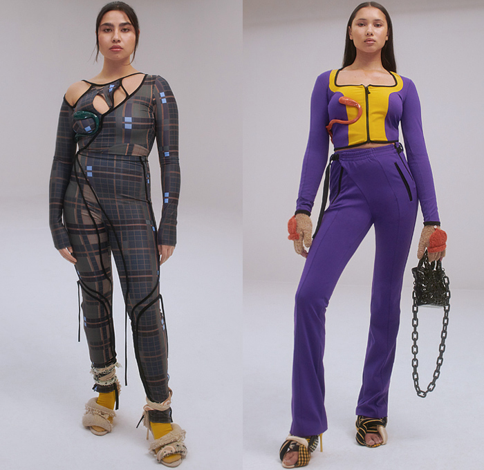 Ottolinger 2021-2022 Fall Autumn Winter Womens Lookbook Presentation - Paris Fashion Week Femme PFW - Straps Strings Denim Jeans Boob Hoop Knit Crochet Sweater Gloves Trackwear Mohair Pleather Vinyl Velvet Laces Quilted Puffer Crop Top Midriff Ombré Skirt Onesie Jumpsuit Unitard Plaid Check Cutout Clown Ruffles Colorblock Vinyl Pleather Scarf Harness Pantsuit Blazer Cinch Dress Gown Flowers Floral Fur Shearling Leather Coat Bean Rubber Bag Tote Flower Heels Moonboots Sunglasses