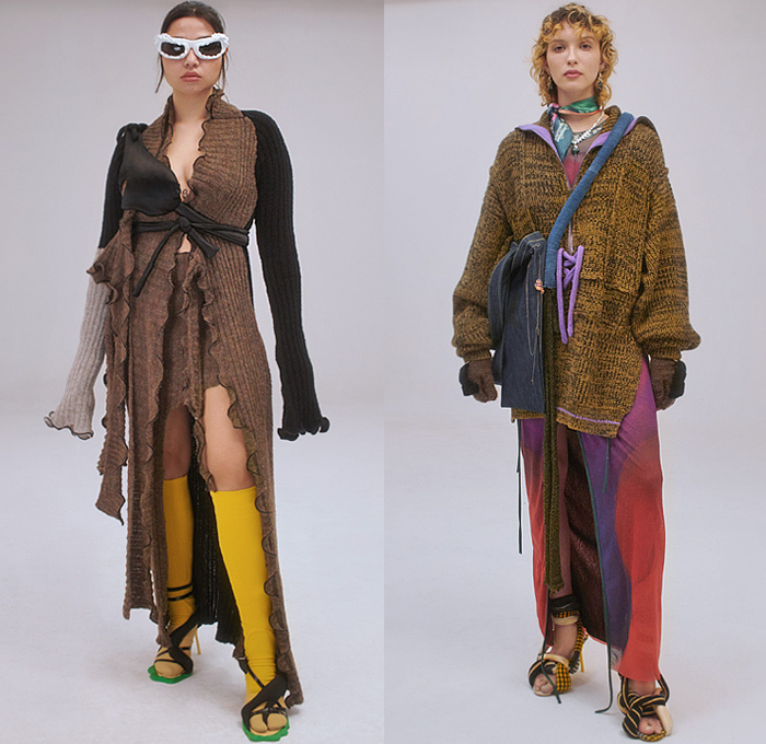 Ottolinger 2021-2022 Fall Autumn Winter Womens Lookbook Presentation - Paris Fashion Week Femme PFW - Straps Strings Denim Jeans Boob Hoop Knit Crochet Sweater Gloves Trackwear Mohair Pleather Vinyl Velvet Laces Quilted Puffer Crop Top Midriff Ombré Skirt Onesie Jumpsuit Unitard Plaid Check Cutout Clown Ruffles Colorblock Vinyl Pleather Scarf Harness Pantsuit Blazer Cinch Dress Gown Flowers Floral Fur Shearling Leather Coat Bean Rubber Bag Tote Flower Heels Moonboots Sunglasses