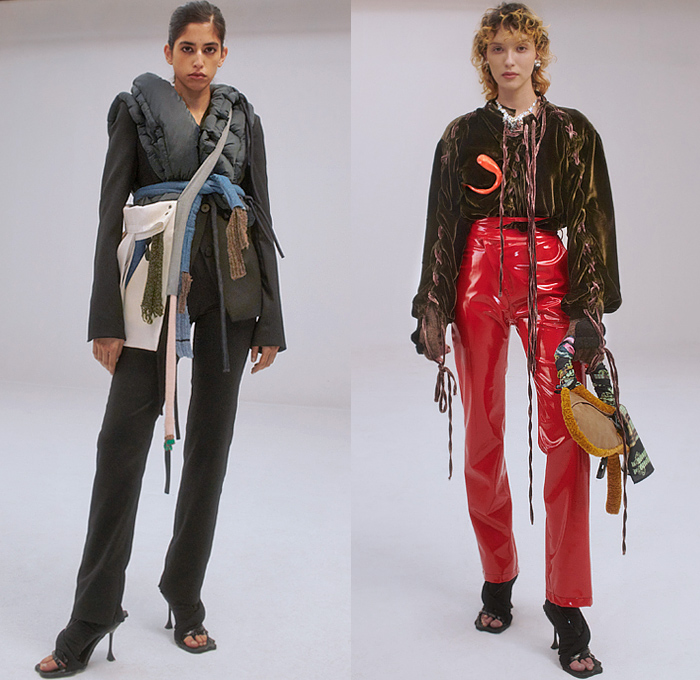 Ottolinger 2021-2022 Fall Autumn Winter Womens Lookbook Presentation - Paris Fashion Week Femme PFW - Straps Strings Denim Jeans Boob Hoop Knit Crochet Sweater Gloves Trackwear Mohair Pleather Vinyl Velvet Laces Quilted Puffer Crop Top Midriff Ombré Skirt Onesie Jumpsuit Unitard Plaid Check Cutout Clown Ruffles Colorblock Vinyl Pleather Scarf Harness Pantsuit Blazer Cinch Dress Gown Flowers Floral Fur Shearling Leather Coat Bean Rubber Bag Tote Flower Heels Moonboots Sunglasses