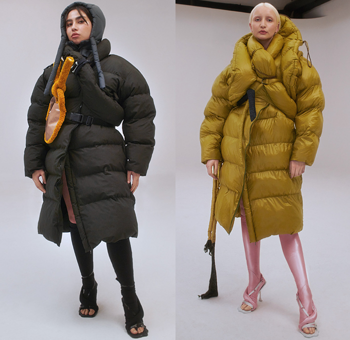 Ottolinger 2021-2022 Fall Autumn Winter Womens Lookbook Presentation - Paris Fashion Week Femme PFW - Straps Strings Denim Jeans Boob Hoop Knit Crochet Sweater Gloves Trackwear Mohair Pleather Vinyl Velvet Laces Quilted Puffer Crop Top Midriff Ombré Skirt Onesie Jumpsuit Unitard Plaid Check Cutout Clown Ruffles Colorblock Vinyl Pleather Scarf Harness Pantsuit Blazer Cinch Dress Gown Flowers Floral Fur Shearling Leather Coat Bean Rubber Bag Tote Flower Heels Moonboots Sunglasses