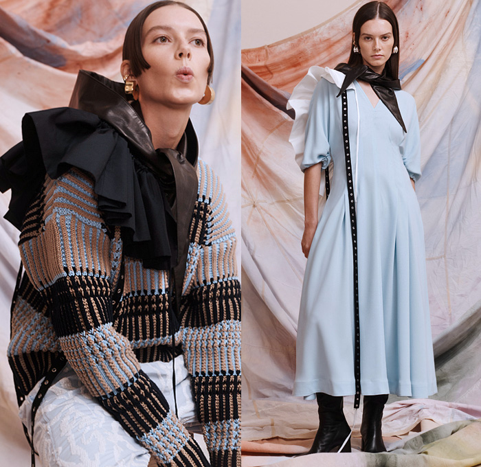 3.1 Phillip Lim 2021 Pre-Fall Autumn Womens Lookbook Presentation - Ruffles Chunky Knit Weave Ribbed Sweater Bedazzled Sequins Noodle Strap Grommets Church Choir Dress Paper Bag Neck Cinch Drawstring Jagged Accordion Pleats Blouse Puff Sleeves Poufy Scarf Stripes Pellegrina Capelet Bib Tiered Straight Neck Top Headwear Cap Coat Pantsuit Blazer Tapered Shorts Wide Leg Palazzo Pants Skirt Boots Loafers Zebra Handbag