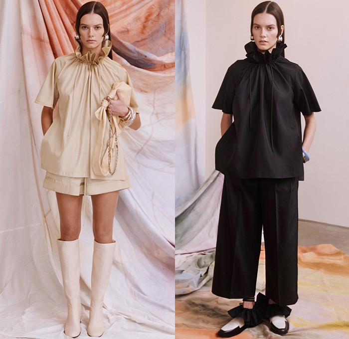 3.1 Phillip Lim 2021 Pre-Fall Autumn Womens Lookbook Presentation - Ruffles Chunky Knit Weave Ribbed Sweater Bedazzled Sequins Noodle Strap Grommets Church Choir Dress Paper Bag Neck Cinch Drawstring Jagged Accordion Pleats Blouse Puff Sleeves Poufy Scarf Stripes Pellegrina Capelet Bib Tiered Straight Neck Top Headwear Cap Coat Pantsuit Blazer Tapered Shorts Wide Leg Palazzo Pants Skirt Boots Loafers Zebra Handbag