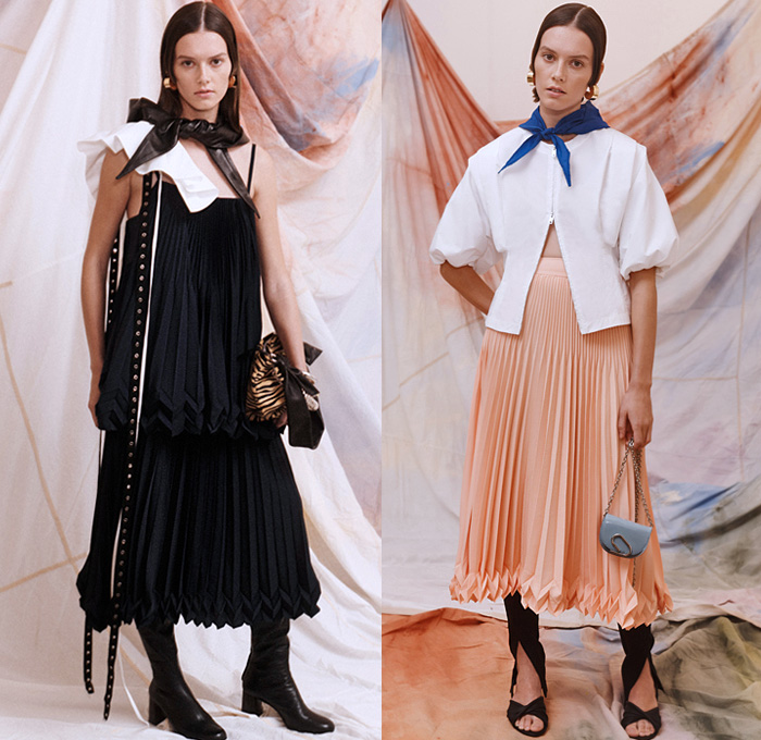 3.1 Phillip Lim 2021 Pre-Fall Autumn Womens Lookbook Presentation - Ruffles Chunky Knit Weave Ribbed Sweater Bedazzled Sequins Noodle Strap Grommets Church Choir Dress Paper Bag Neck Cinch Drawstring Jagged Accordion Pleats Blouse Puff Sleeves Poufy Scarf Stripes Pellegrina Capelet Bib Tiered Straight Neck Top Headwear Cap Coat Pantsuit Blazer Tapered Shorts Wide Leg Palazzo Pants Skirt Boots Loafers Zebra Handbag