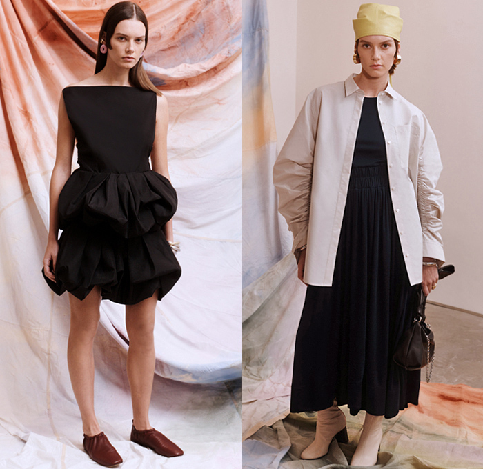 3.1 Phillip Lim 2021 Pre-Fall Autumn Womens Lookbook Presentation - Ruffles Chunky Knit Weave Ribbed Sweater Bedazzled Sequins Noodle Strap Grommets Church Choir Dress Paper Bag Neck Cinch Drawstring Jagged Accordion Pleats Blouse Puff Sleeves Poufy Scarf Stripes Pellegrina Capelet Bib Tiered Straight Neck Top Headwear Cap Coat Pantsuit Blazer Tapered Shorts Wide Leg Palazzo Pants Skirt Boots Loafers Zebra Handbag