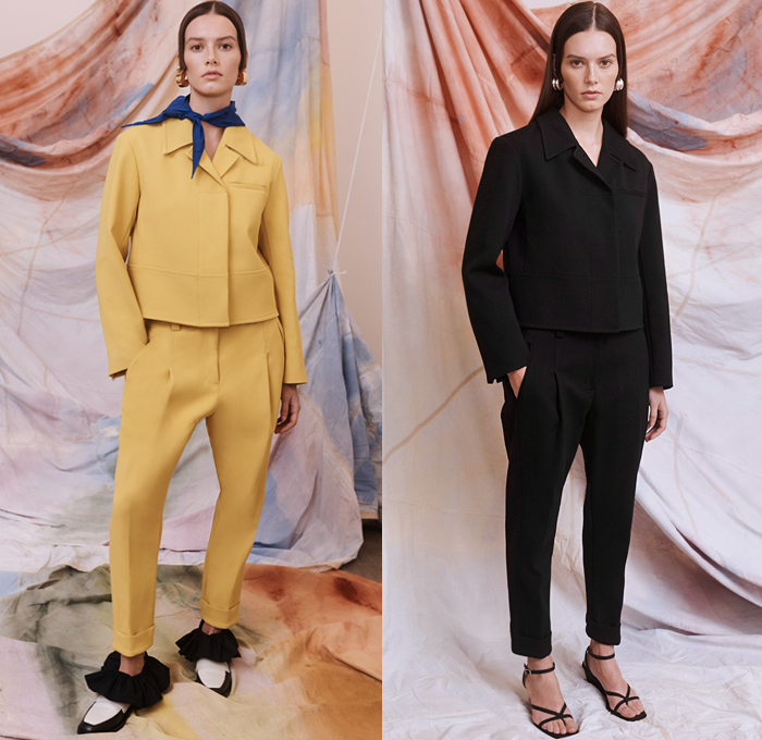 3.1 Phillip Lim 2021 Pre-Fall Autumn Womens Lookbook Presentation - Ruffles Chunky Knit Weave Ribbed Sweater Bedazzled Sequins Noodle Strap Grommets Church Choir Dress Paper Bag Neck Cinch Drawstring Jagged Accordion Pleats Blouse Puff Sleeves Poufy Scarf Stripes Pellegrina Capelet Bib Tiered Straight Neck Top Headwear Cap Coat Pantsuit Blazer Tapered Shorts Wide Leg Palazzo Pants Skirt Boots Loafers Zebra Handbag