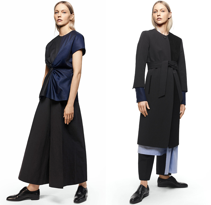 Partow 2021 Pre-Fall Autumn Womens Lookbook Presentation - Banker Stripes Twisted Front Cinch Long Sleeve Blouse Skirt Patchwork Mix Coat Wool Poplin Asymmetrical Sleeveless Tabard Dolphin Hem Mullet High Low Back Brogues