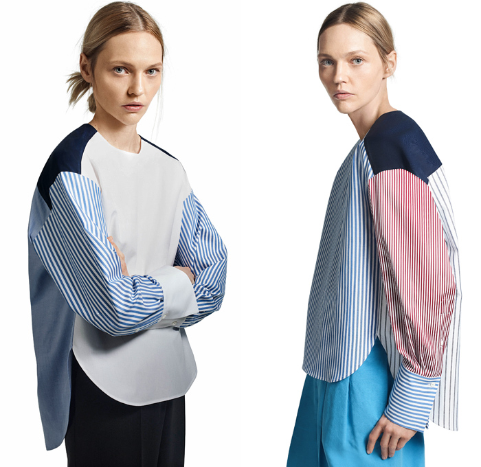 Partow 2021 Pre-Fall Autumn Womens Lookbook Presentation - Banker Stripes Twisted Front Cinch Long Sleeve Blouse Skirt Patchwork Mix Coat Wool Poplin Asymmetrical Sleeveless Tabard Dolphin Hem Mullet High Low Back Brogues