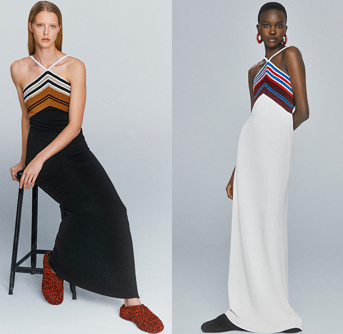 Proenza Schouler 2021 Pre-Fall Autumn Womens Lookbook Presentation - Knit Crochet Weave Halterneck Dress Noodle Strap Fringes Cinch Pleats Ruffles Draped Asymmetrical Top Sleeveless Tabard Crop Top Midriff Pantsuit Blazer Jacket Wide Leg Flare Bell Bottom Poufy Shoulders Puff Sleeves Shirtdress Leather Coat Geometric Poncho Tote Bag Clogs Gladiators Sandals Thigh High Boots