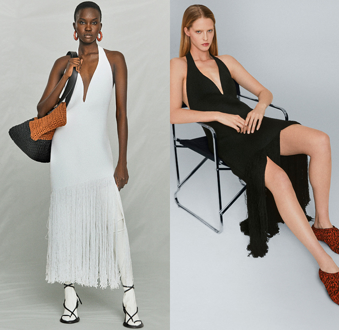 Proenza Schouler 2021 Pre-Fall Autumn Womens Lookbook Presentation - Knit Crochet Weave Halterneck Dress Noodle Strap Fringes Cinch Pleats Ruffles Draped Asymmetrical Top Sleeveless Tabard Crop Top Midriff Pantsuit Blazer Jacket Wide Leg Flare Bell Bottom Poufy Shoulders Puff Sleeves Shirtdress Leather Coat Geometric Poncho Tote Bag Clogs Gladiators Sandals Thigh High Boots