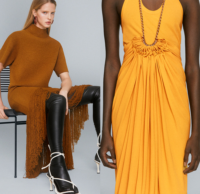 Proenza Schouler 2021 Pre-Fall Autumn Womens Lookbook Presentation - Knit Crochet Weave Halterneck Dress Noodle Strap Fringes Cinch Pleats Ruffles Draped Asymmetrical Top Sleeveless Tabard Crop Top Midriff Pantsuit Blazer Jacket Wide Leg Flare Bell Bottom Poufy Shoulders Puff Sleeves Shirtdress Leather Coat Geometric Poncho Tote Bag Clogs Gladiators Sandals Thigh High Boots