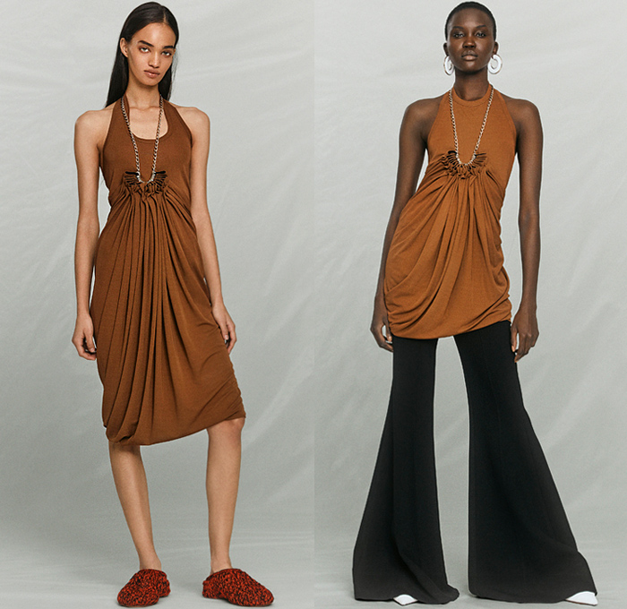 Proenza Schouler 2021 Pre-Fall Autumn Womens Lookbook Presentation - Knit Crochet Weave Halterneck Dress Noodle Strap Fringes Cinch Pleats Ruffles Draped Asymmetrical Top Sleeveless Tabard Crop Top Midriff Pantsuit Blazer Jacket Wide Leg Flare Bell Bottom Poufy Shoulders Puff Sleeves Shirtdress Leather Coat Geometric Poncho Tote Bag Clogs Gladiators Sandals Thigh High Boots