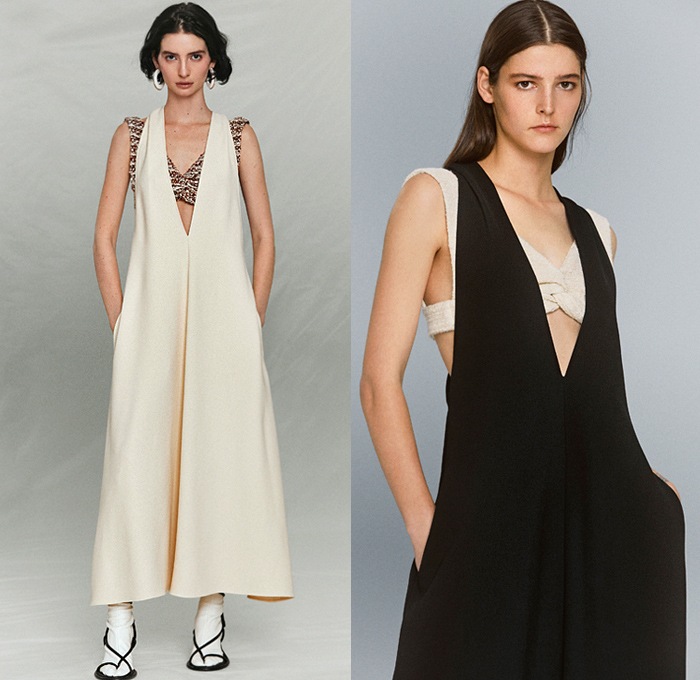 Proenza Schouler 2021 Pre-Fall Autumn Womens Lookbook Presentation - Knit Crochet Weave Halterneck Dress Noodle Strap Fringes Cinch Pleats Ruffles Draped Asymmetrical Top Sleeveless Tabard Crop Top Midriff Pantsuit Blazer Jacket Wide Leg Flare Bell Bottom Poufy Shoulders Puff Sleeves Shirtdress Leather Coat Geometric Poncho Tote Bag Clogs Gladiators Sandals Thigh High Boots