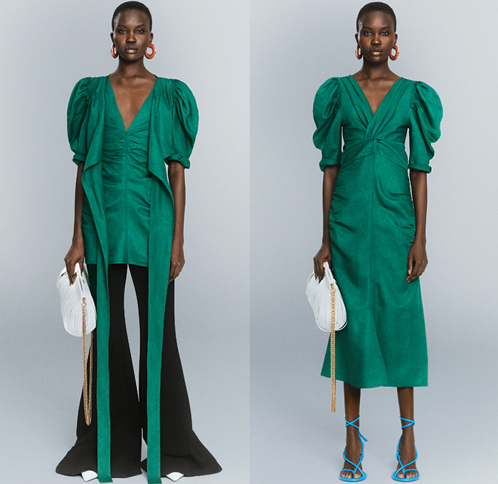 Proenza Schouler 2021 Pre-Fall Autumn Womens Lookbook Presentation - Knit Crochet Weave Halterneck Dress Noodle Strap Fringes Cinch Pleats Ruffles Draped Asymmetrical Top Sleeveless Tabard Crop Top Midriff Pantsuit Blazer Jacket Wide Leg Flare Bell Bottom Poufy Shoulders Puff Sleeves Shirtdress Leather Coat Geometric Poncho Tote Bag Clogs Gladiators Sandals Thigh High Boots