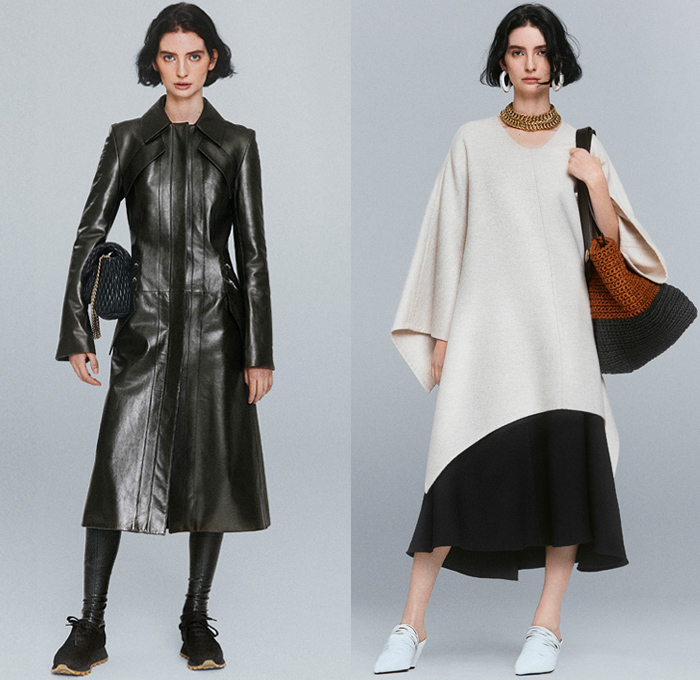 Proenza Schouler 2021 Pre-Fall Autumn Womens Lookbook Presentation - Knit Crochet Weave Halterneck Dress Noodle Strap Fringes Cinch Pleats Ruffles Draped Asymmetrical Top Sleeveless Tabard Crop Top Midriff Pantsuit Blazer Jacket Wide Leg Flare Bell Bottom Poufy Shoulders Puff Sleeves Shirtdress Leather Coat Geometric Poncho Tote Bag Clogs Gladiators Sandals Thigh High Boots