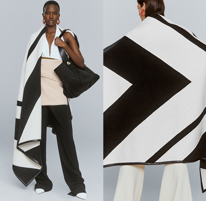 Proenza Schouler 2021 Pre-Fall Autumn Womens Lookbook Presentation - Knit Crochet Weave Halterneck Dress Noodle Strap Fringes Cinch Pleats Ruffles Draped Asymmetrical Top Sleeveless Tabard Crop Top Midriff Pantsuit Blazer Jacket Wide Leg Flare Bell Bottom Poufy Shoulders Puff Sleeves Shirtdress Leather Coat Geometric Poncho Tote Bag Clogs Gladiators Sandals Thigh High Boots