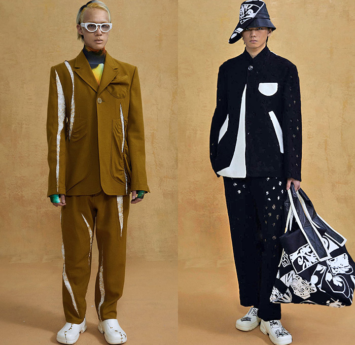 Pronounce 2021-2022 Fall Autumn Winter Mens Lookbook Presentation - London Fashion Week Collections UK – Patchwork Pottery Broken Vase Pieces Rope Stitched Frankensteined Airbrush Spray Paint Grunge Abstract Shirt Denim Jeans Mao Loungewear Knit Cardigan Turtleneck Sweater Panels Jacquard Brocade Ornaments Decorative Art Geometric Suit Blazer Split Gloves Metal Hooks Frayed Raw Hem Slashed Slit Holes Mesh Wide Collar Coat Clogs Tote Bag Sunglasses Bucket Hat