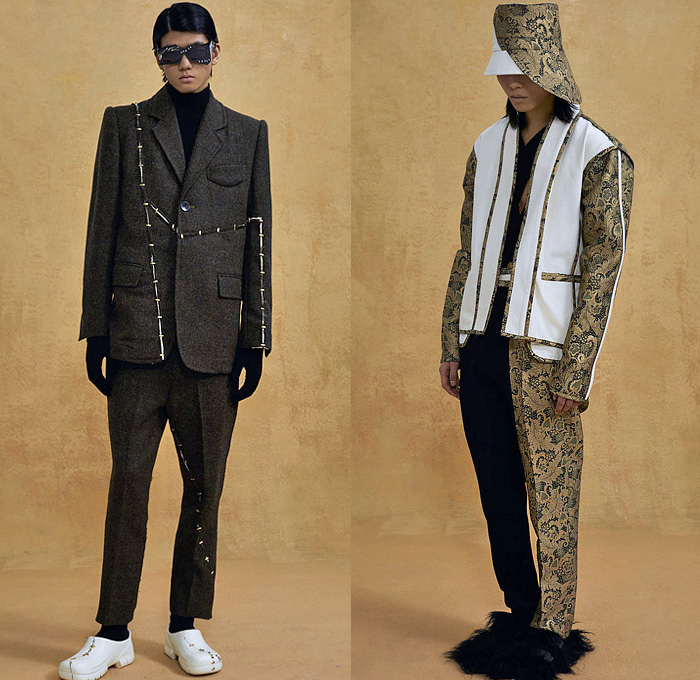 Pronounce 2021-2022 Fall Autumn Winter Mens Lookbook Presentation - London Fashion Week Collections UK – Patchwork Pottery Broken Vase Pieces Rope Stitched Frankensteined Airbrush Spray Paint Grunge Abstract Shirt Denim Jeans Mao Loungewear Knit Cardigan Turtleneck Sweater Panels Jacquard Brocade Ornaments Decorative Art Geometric Suit Blazer Split Gloves Metal Hooks Frayed Raw Hem Slashed Slit Holes Mesh Wide Collar Coat Clogs Tote Bag Sunglasses Bucket Hat