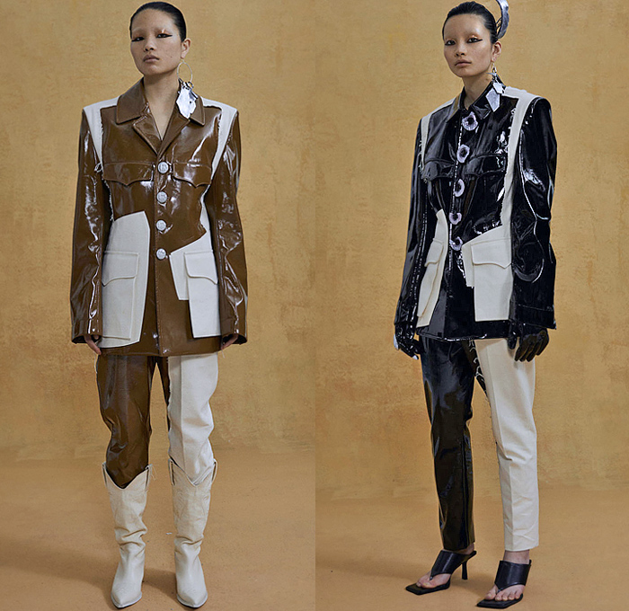 Pronounce 2021-2022 Fall Autumn Winter Womens Lookbook Presentation - London Fashion Week Collections UK - Patchwork Panels Blazer Pantsuit Cargo Utility Pockets PVC Vinyl Gloves Stitched Frankensteined Pottery Split Coat Jacquard Brocade Ornaments Decorative Art Airbrush Spray Paint Abstract Gradient Print Blouse Harlequin Check Diamond Shape Asymmetrical Hem Skirt Chevron Dress Metal Hooks Turtleneck Sweater Shorts Socks Clogs Cowgirl Boots Tote Bag