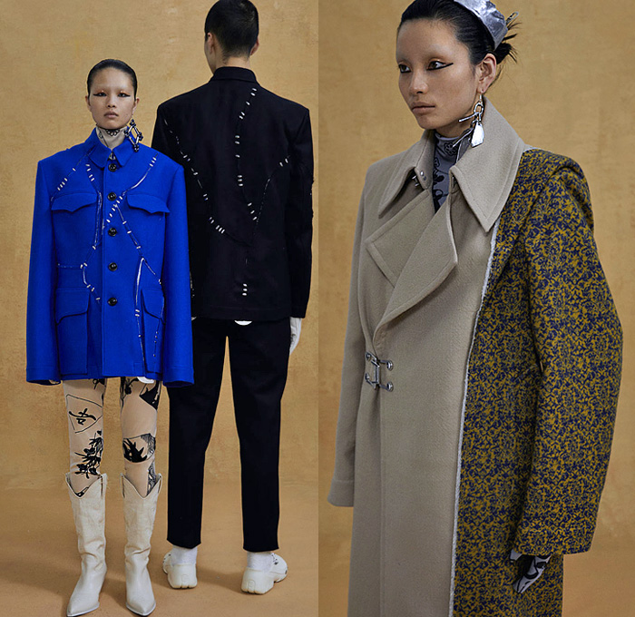 Pronounce 2021-2022 Fall Autumn Winter Womens Lookbook Presentation - London Fashion Week Collections UK - Patchwork Panels Blazer Pantsuit Cargo Utility Pockets PVC Vinyl Gloves Stitched Frankensteined Pottery Split Coat Jacquard Brocade Ornaments Decorative Art Airbrush Spray Paint Abstract Gradient Print Blouse Harlequin Check Diamond Shape Asymmetrical Hem Skirt Chevron Dress Metal Hooks Turtleneck Sweater Shorts Socks Clogs Cowgirl Boots Tote Bag